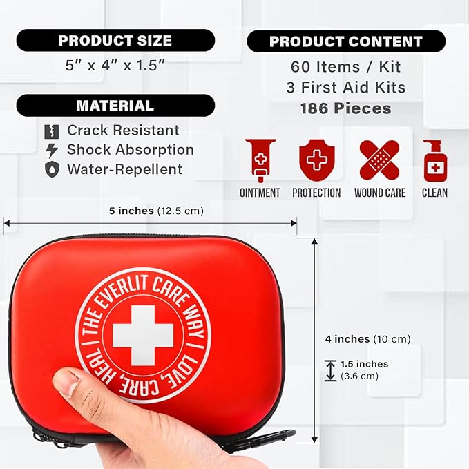 EVERLIT CARE MiniAid First Aid Kit | Compact & Lightweight Case with Carabiners for Travel | Family & Kid Friendly 180 Pcs Wound Care Supplies for School, Work, Outdoor, Home & Office | Pack of 3