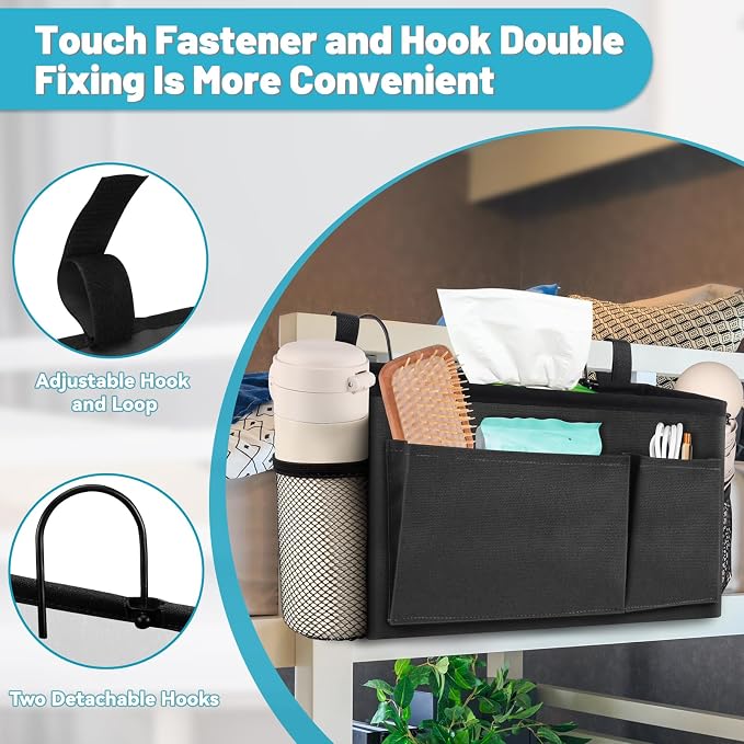 BlissTotes Bedside Caddy, Dorm Storage with Pockets, Bunk Bed Accessories | Hanging Bed Storage Organizer with Hooks, Bedside Shelf Bag, Magazine Holder for Home, College, Hospital (Dark Grey, 2 Pack)