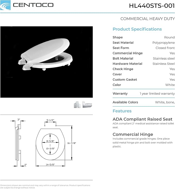 Centoco 4 Pack - 2 inch Raised Toilet Seat for Seniors, Round, Closed Front with Cover, Plastic, Made in the USA, HL440STS-001, White | Plasstic, Closed Front, Cover, Plastic, Made in the USA, HL440STS-001