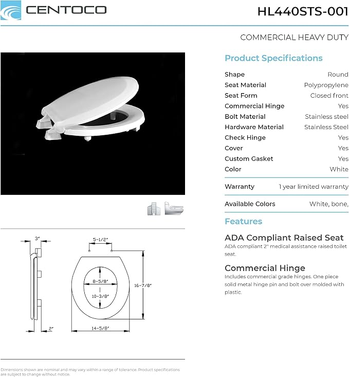 Centoco 2 inch Raised Toilet Seat for Seniors, Round, USA, White | Plastic, Closed Front, Cover, Made in the USA, HL440STS-001