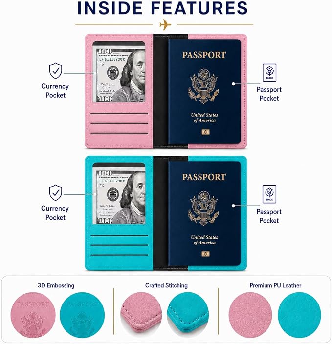 Ciana Passport Holder for Travel – PU Leather Passport Cover and Card Holder for Men & Women – Slim Passport Holder with Card Protector Slot, Travel Must Haves (Turquoise and Rose Gold)