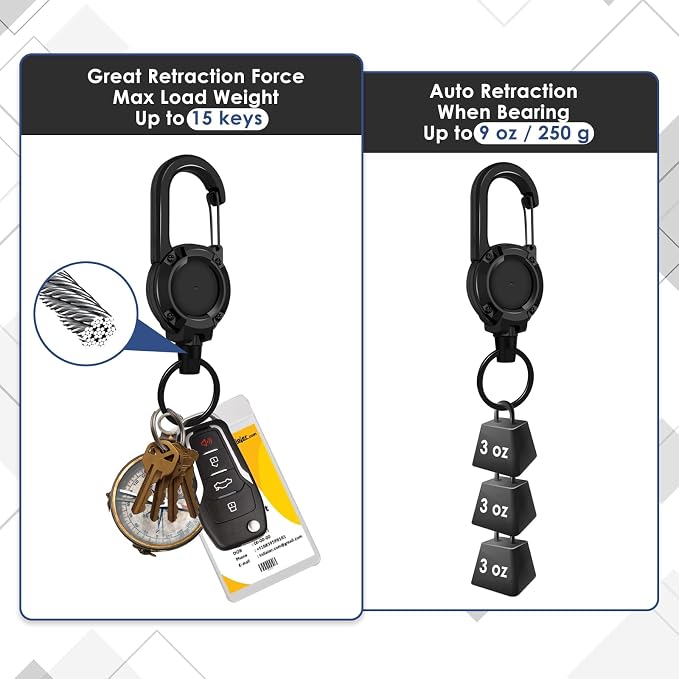 Retractable Keychain 4 Pieces Heavy Duty Carabiner Badge Holder Retractable Badge Reel ID Holder Extendable Key Ring Key Holder for 8 oz ABS Casing with 24 inches Steel Cord