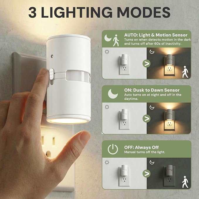 L LOHAS LED Motion Sensor Night Light, Motion Sensor Light Indoor, Rotating | Motion Activated Night Lights Plug into Wall,Amber-3000K-5000K,10-50-100%LM, Mini,Hallway Bathroom Travel[White Shade,4 Pack]