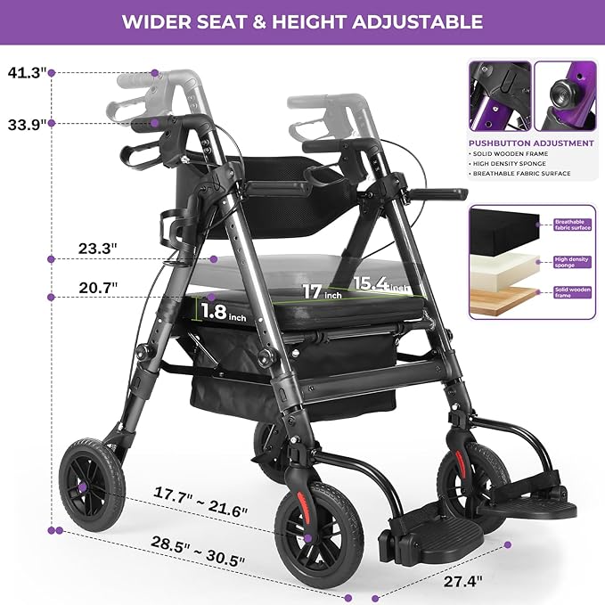 Heavy Duty Rollator Walker for Seniors with Seat, Foldable 2 in 1 Rolling Walkers Wheelchair Combo for Adult, All Terrain Wheels, Adjustable Transport Chair with Brake, 450 lb. Weight Capacity, Grey