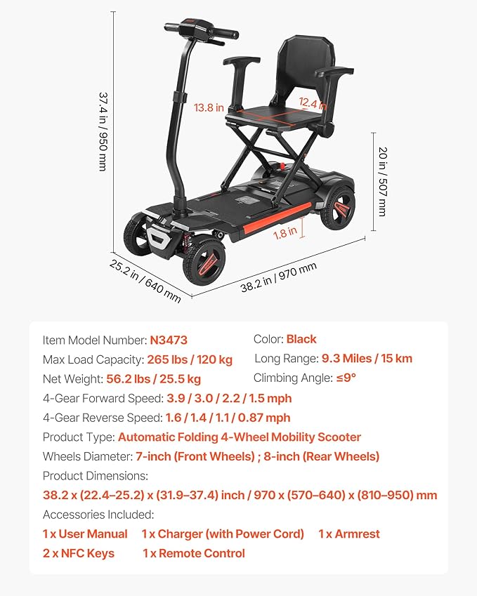 VEVOR Mobility Scooter, Auto-Folding Electric Power Scooter, Dual Front Suspension Enhance Stability & Comfort, 4-Wheel Design, Lightweight Foldable for Air Travel