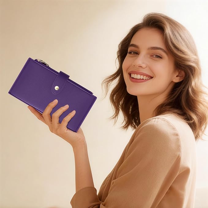 Travelambo Womens Leather Bifold Wallet, Slim RFID Blocking Card Holder | Large Capacity, 16 Card Slots & ID Window, 2 Zipper Pockets, Dual Snap Closure, Slim Lightweight, RFID Privacy Protection