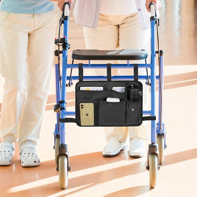 Walker Bag Multiple Pockets Walker Basket for Folding Walker with Cup Holder Bag for Walkers for Seniors Rollator Accessories Bag Black