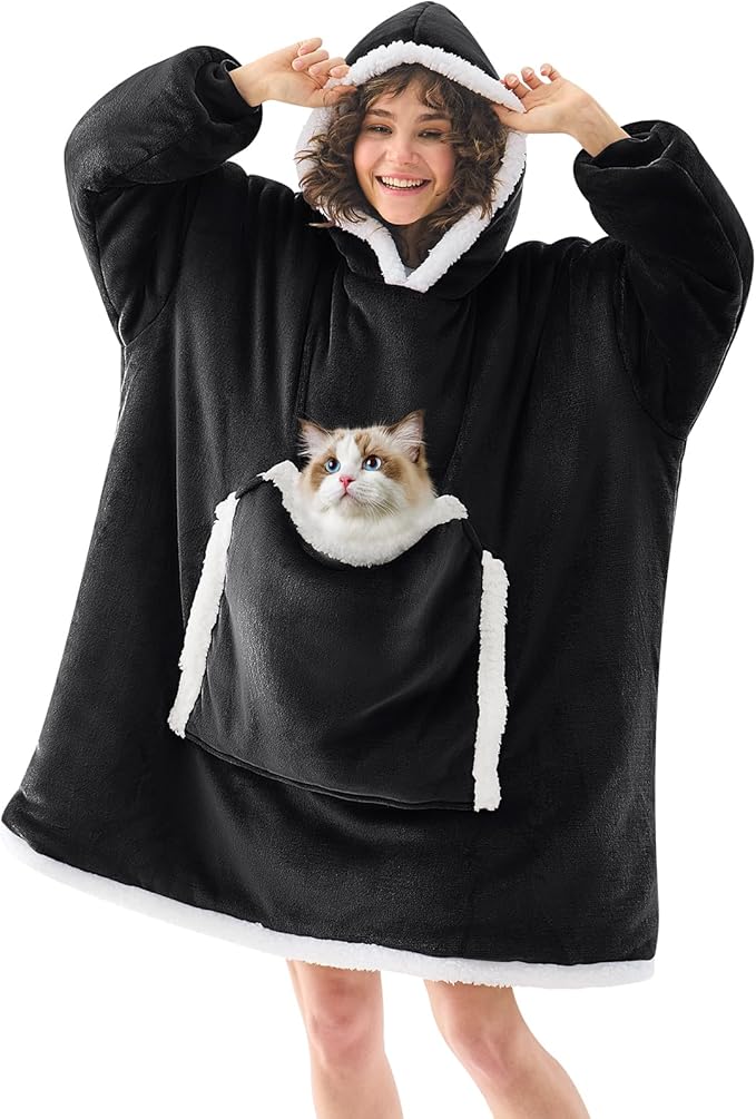 JOYWOO Black Wearable Blanket Hoodie,Oversized Cat Lovers Sweatshirt Blanket for Adult & Teens,Birthday Gifts for Women Men Mom Girl Boys,Cozy Fuzzy Sherpa Sweatshirt Blanket Giant Pocket Gifts,Small