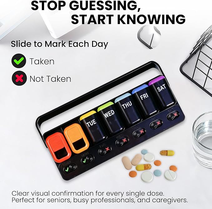 Weekly Pill Organizer with Taken/Untaken Tracker, 7 Day Daily Pill Box for Vitamins Medication Supplements, Large Compartments, Easy Open Leak-Proof Portable Travel Pill Container, BPA Free,Black