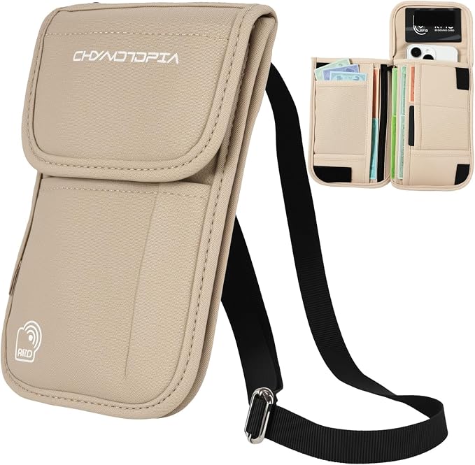 Neck Wallet & RFID Blocking Passport Holder for Travel – Waterproof Hidden Travel Wallet with Card Slots, Adjustable Strap, Portable Document Organizer for Men, Women (Gift) Khaki
