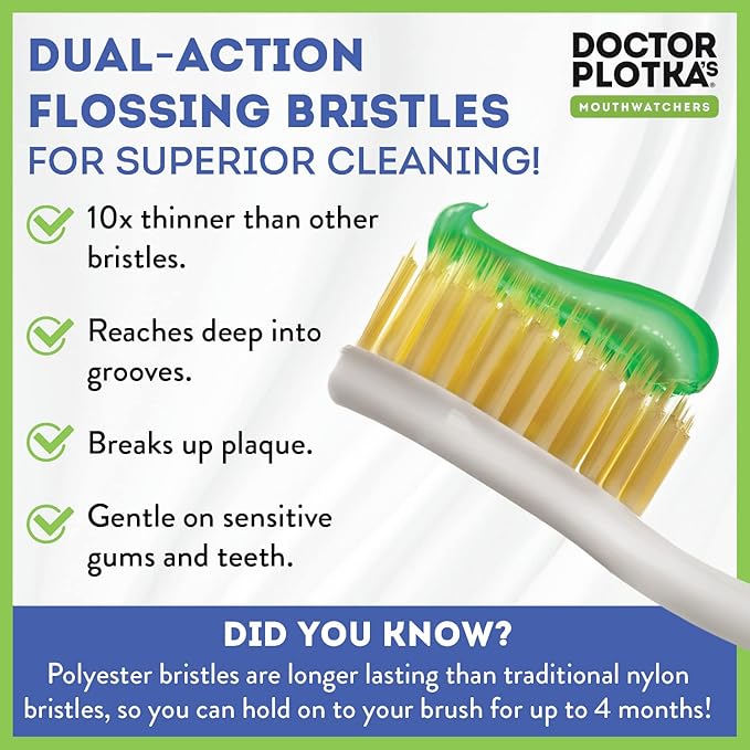 MOUTHWATCHERS Soft Flossing Manual Toothbrush for Adults, 2 Pack, Blue, Ultra Clean, Good for Sensitive Teeth and Gums, by Dr. Plotka's