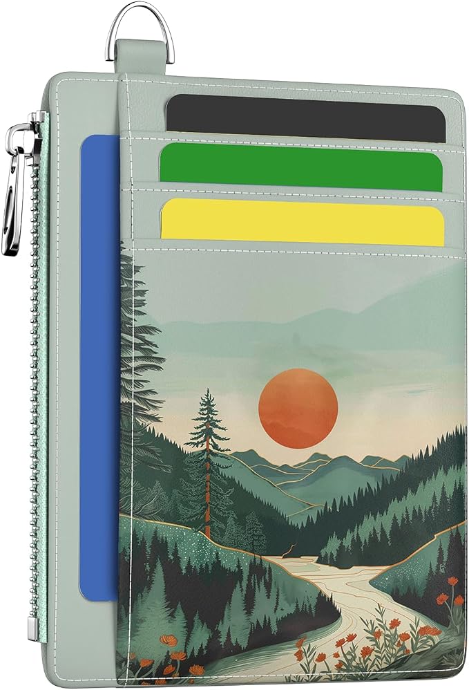 Hancynir Mountain Sunset Slim Wallet Women Credit Card Holder, RFID Small | Zipper Pocket Wallet, Thin Travel Coin Purse, Ladies Women Gifts, Minimalist Card Case, 6 Card Slots, ID Window, PU Leather