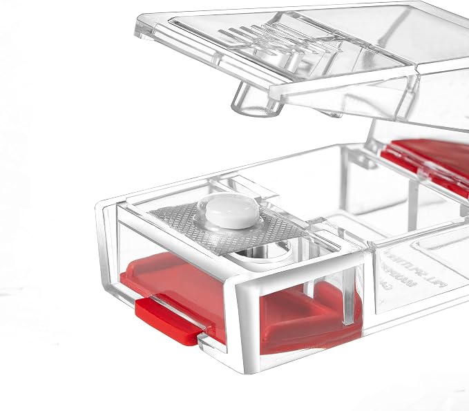 MAXSPLIT Pill Splitter and Cutter with Pill Puncher - Cuts Small and Large Pills, Vitamins, or Tablets with Stainless Steel Blade - Non-Slip Press Point Pill Splitter (Red)