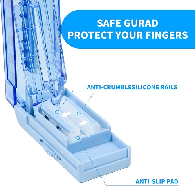 Multiple Pill Cutter for Small or Tiny Pills, Adjustable Pill Splitter for Large Pills Multi Tablets, Stainless Steel Cutting Blade and Blade Guard (Blue)