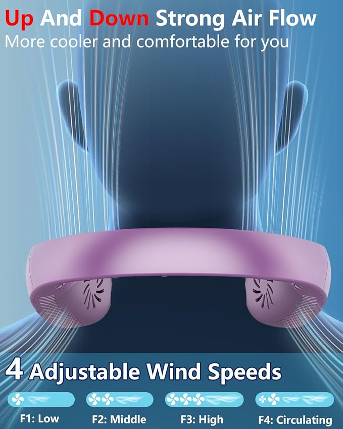 Neck Fans Portable Rechargeable Personal Misting Fan,Fold Up Compact Necklace Fan with Mist,Soundless Powerful Mobile Body Air Cooler with Digital LED Display, Presents for Adults Kids Elderly Purple