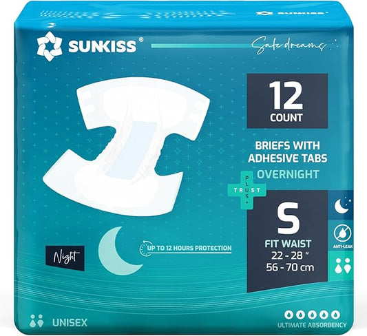 SUNKISS TrustPlus Overnight Adult Diapers with Tabs, Unisex Disposable Incontinence Briefs for Men and Women, Odor Control, Small, 12 Count
