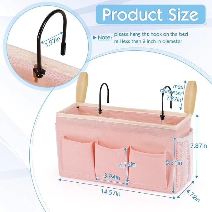 Bedside Caddy Bedside Storage Bag for Headboards/Bunk Bed | Hanging Bed Caddy with Hooks fits Bunk bed Hospital Beds Dorm Bed Rails, Essentials for Phones, Books, Remotes, Water Bottles