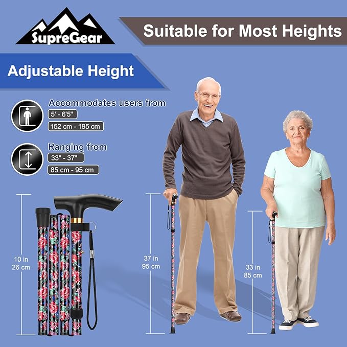 supregear Folding Cane, 5-Level Adjustable Height Walking Stick Lightweight Collapsible Portable Travel Cane with Wrist Strap and T Handle for Elderly Disabled Men Women