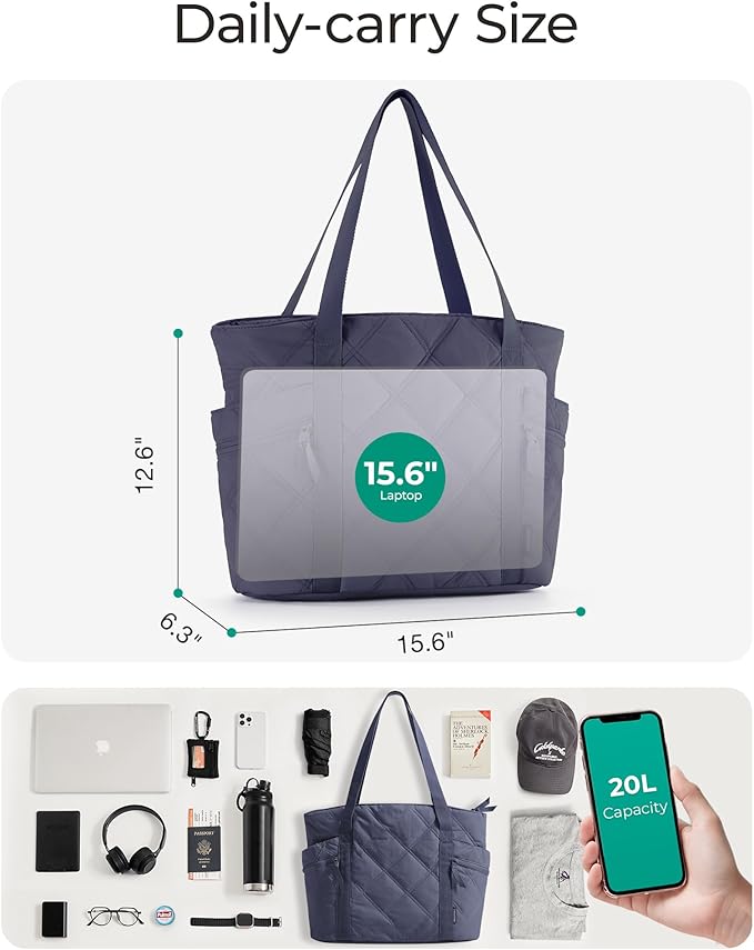BAGSMART Crush Tote Bag for Women, 20L Puffer Work Tote with Zipper | Quilted Nurse Hospital Bag For Travel College Gym