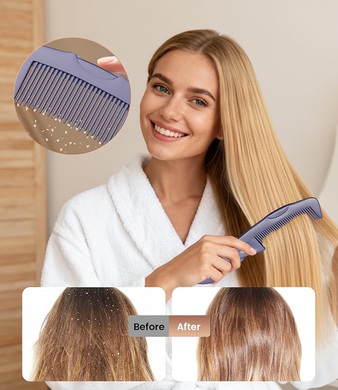 Dandruff Comb Removal 2PC Hollow Fine Tooth Scalp Detox Hair Care Tool | Upgraded Stainless Steel Teeth, with Gift Box, Build up Flake, Self Cleaning, Button-Release, for Women Men Kids, Purple