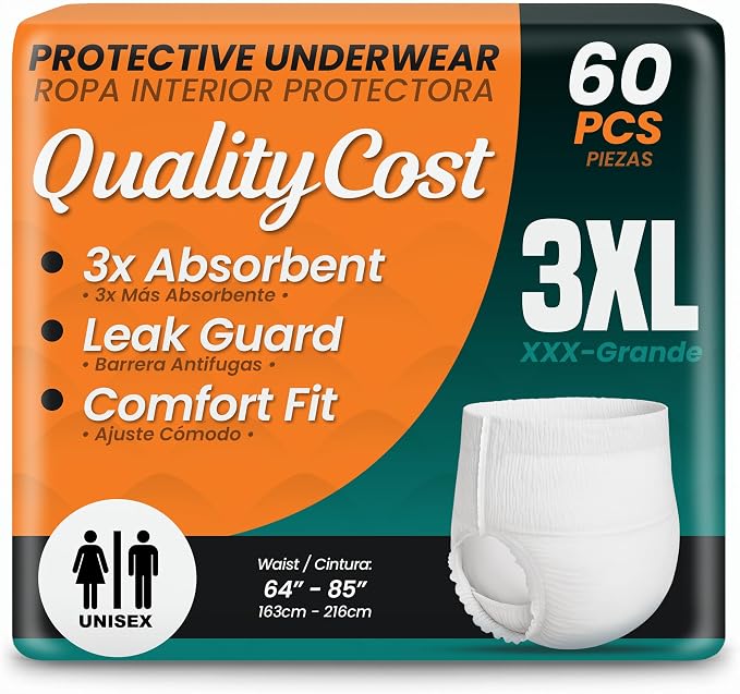 Adult Diapers Men and Women Incontinence Overnight Pull-Ups – Pull-On Briefs, Disposable Undergarments, Maximum Absorbency, Leak Proof, Single-Use, 3XL (64–85 inch Waist), 60 Count