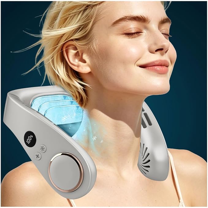 FWV Portable Neck Fans with Cooling Plate, 5500mAh 3-24H Lasting, Whisper Quiet 30dB, USB-C Rechargeable Necklace Fan, LED for Battery&Speed, Personal Mini AC Device for Outdoors Walking Workout Gray