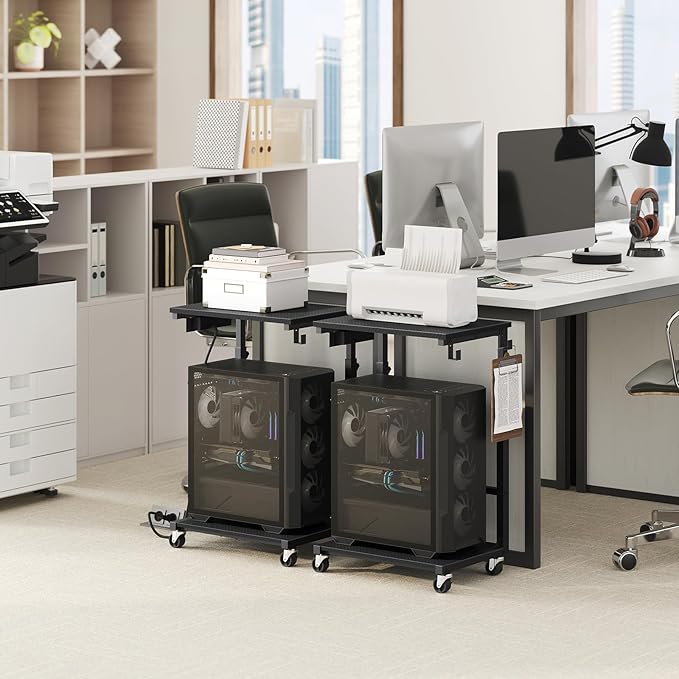 Computer Tower Stand with Power Outlet, Mobile PC Stand for Floor, Height Adjustable PC Holder Cart Under Desk, 26.6"-32.7" H, for Home Office, Gaming Room, Black PCHS215E01