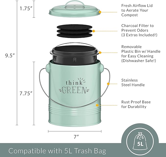 Barnyard Designs 1.2 Gallon Kitchen Counter Compost Bin with Lid (Mint) | Countertop Composter with Smell-Absorbing Filters and Removable Inner Bucket; Food Waste Pail for Easy Cleaning