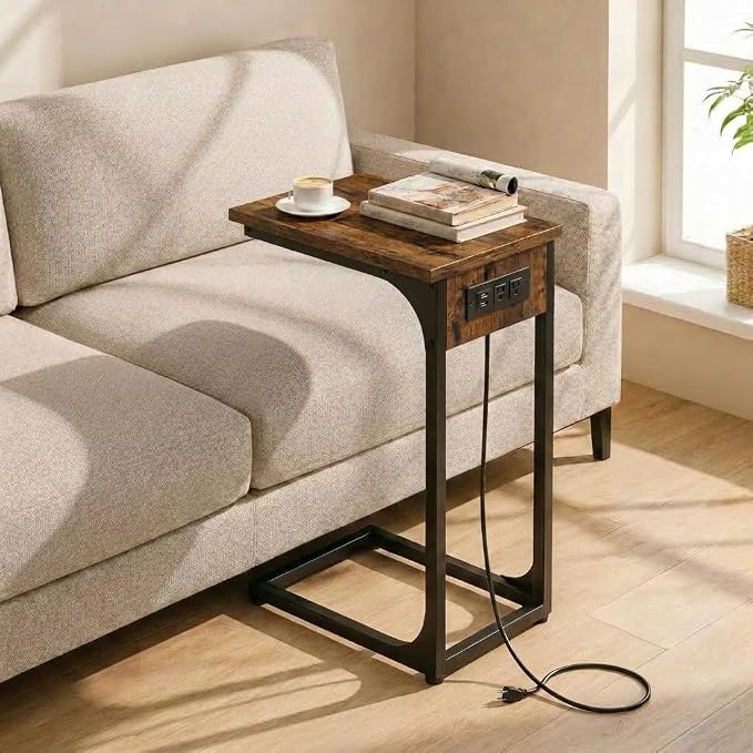 TEMI C Shaped End Table for Couch with Charging Station, Small Side Table TV Tray for Eating or Laptop, Accent Desk for Sofa or Chair, Space Saving Living Room Bedroom, Rustic Brown