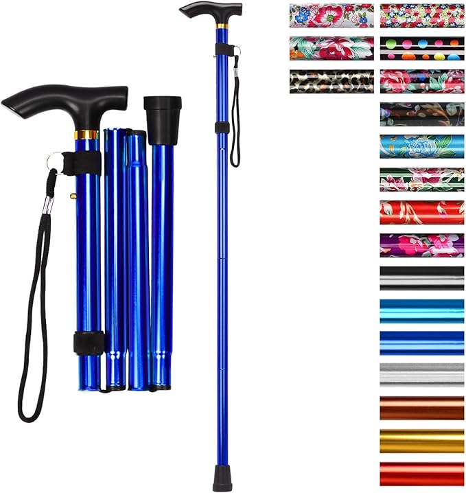 supregear Folding Cane, 5-Level Adjustable Height Walking Stick Lightweight Collapsible Portable Travel Cane with Wrist Strap and T Handle for Elderly Disabled Men Women