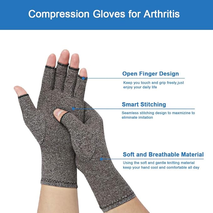 2-Pair Arthritis Compression Gloves for Alleviate Rheumatoid Osteoarthritis, Carpal Tunnel Raynauds Disease, Fingerless Design Breathable & Moisture, Women and Men (Gray, Large)