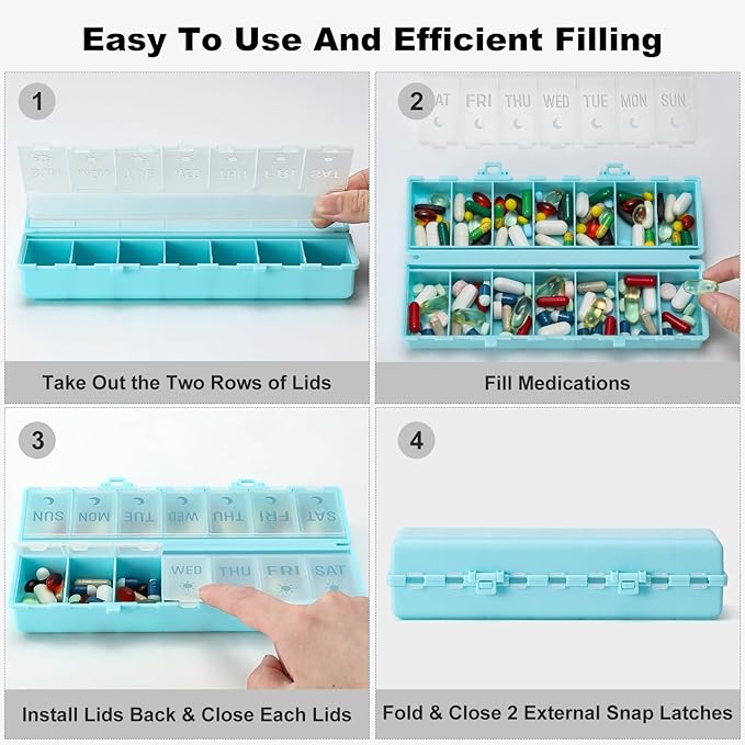 Foldable Pill Organizer 2 Times a Day w/Etched Labels -Dual Protection & Portable Weekly AM PM Pill Box, 7 Day Medicine Container, Large Travel Pill Case for Week Daily Supplement Vitamin - Sky Blue