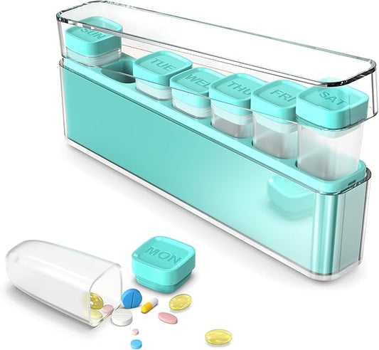 Weekly Pill Organizer 1 Time a Day, HIONXMGA Portable Detachable Travel Pill Box 7 Day, Large Once Daily Pill Holder Case, Color-Coded Dispenser for Vitamin Medicine Supplement Fish Oil, Cyan