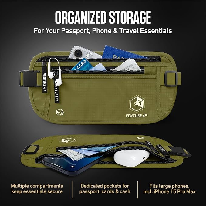 VENTURE 4TH Travel Money Belt, RFID Blocking Passport Holder - Green