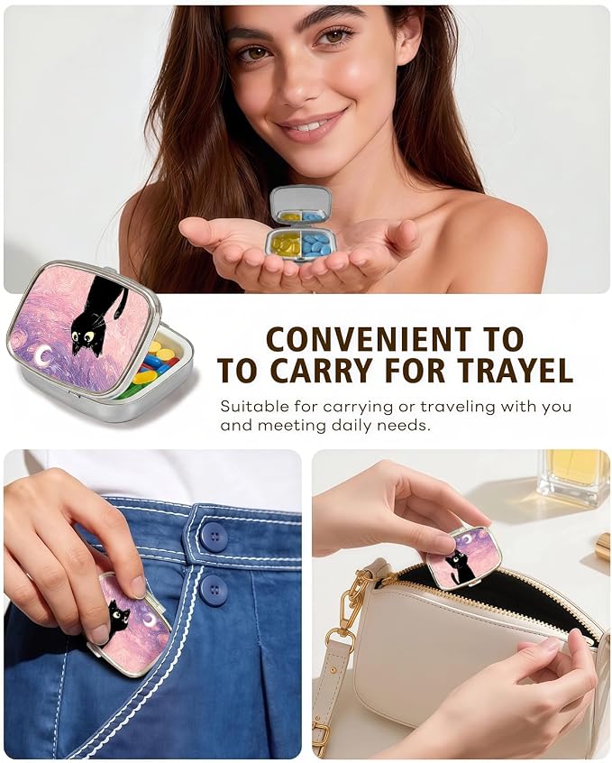 LRITER Pill Case, 2 Compartment Portable Small Travel Pill Organizer for Purse and Pocket, Stylish Medicine Case with Multiple Patterns, Daily Pillbox for Home & Travel (Pink Starry Sky Cat)