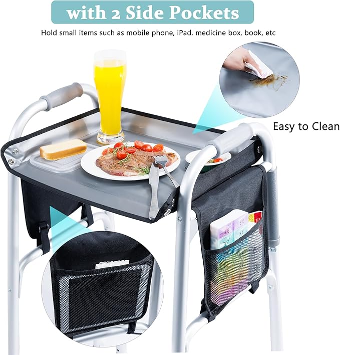 BAGSFY Walker Tray w/Side Pocket for Folding Walkers – Walker Accessory for Seniors with Cup Holder, Non-Slip Mat, and Easy Installation – Universal Fit Walker Table for Meals, Drinks, Reading