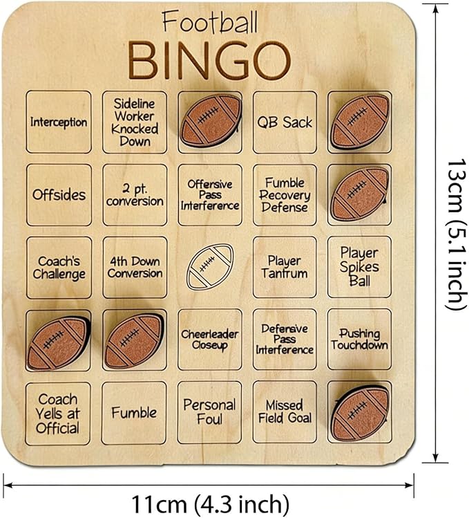 Sports Bingo Chess and Card Game, Baseball Football Bingo Wooden Board Bingo Ball Game Set 4.3 * 5.1 inches, Adult Party Edition(Football)