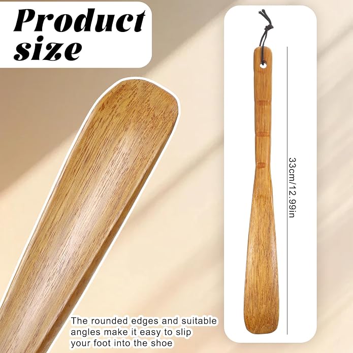 Wooden Shoe Horn 13'' Inch Long Handle Shoe Helper Spoons Retro Wood Shoehorn with Lanyard Shoes Stick Helper for Seniors Men Women