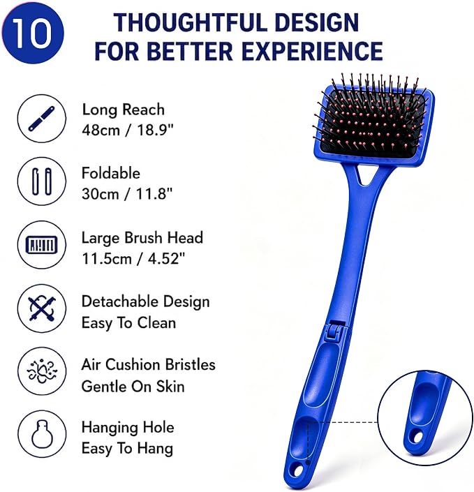 Back Scratcher Extendable Blue Folding Handle for Men Women | Long reach folding handle with soft bristles for back shoulders legs and everyday personal care use at home or travel