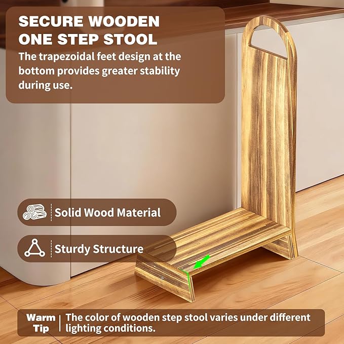 Wooden One Step Stool with Handle, 5" Height Wooden Step for Bathroom/Kitchen, Solid Wooden Step with trapezoidal feet for Elderly, Adults, Kids to Get in & Out of Bed Easily(440LBs Capacity)