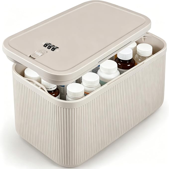 Upgraded Taller Size Medicine Lock Box,Lockable Storage Box with Combination Code for Medication Safe,Lock Box for Pills/Snack/Ipad Mini,Locked Container for Home/Office 9.4X5.5X5.7inch Medium