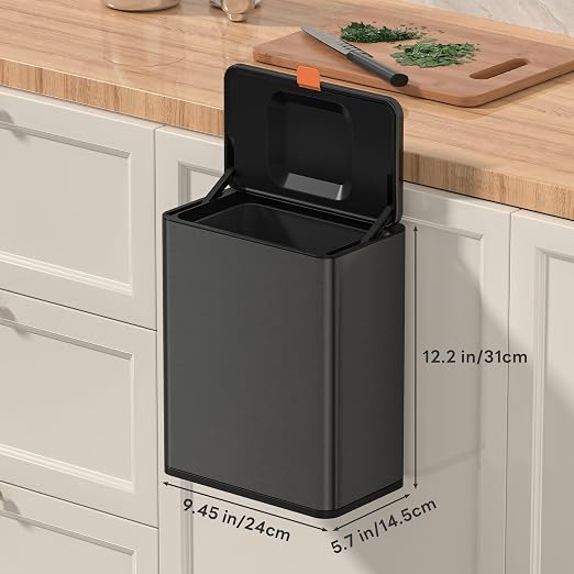 Mbillion 2.1 Gal Brushed Black Hanging Stainless Steel Compost Bin | 8L trash can with lid, cabinet & under sink door mount design, for kitchen, RV and bathroom food waste storage