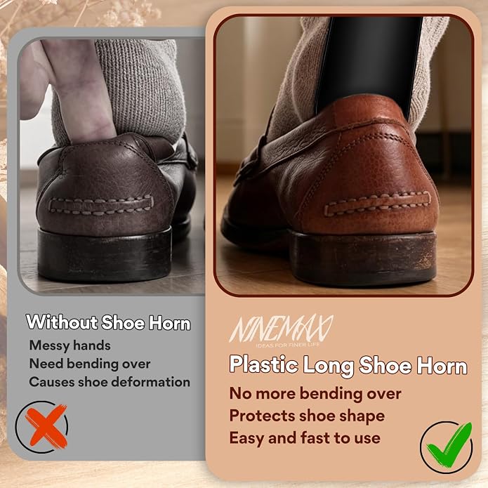 NINEMAX Plastic Shoe Horn Long Handle 16.5Inch, Long Shoehorn Sturdy for Senior Men Women with Hook