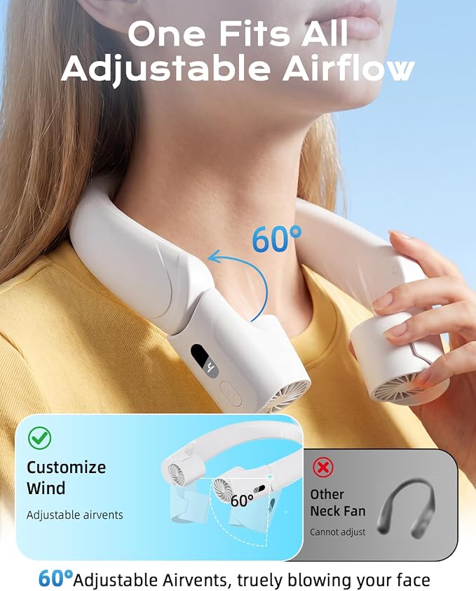 ChillGo 5th Gen Neck Fan with Adjustable Airvents, Dual Motors Personal Fan | 8000mAh Neck Fans That Blow Cold Air,Quick Charging,4 Speeds, Cooling Fan, Neck Cooling Fan for Travel, Gift for Women, White
