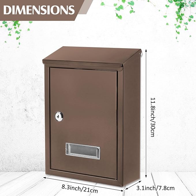 Amylove Weatherproof Mail Boxes with Key Lock, Security Locking Wall Mount Metal Mailbox with Slot for Outside, Large Capacity for Mail, Packages, Donations, Voting 11.8 H x 8.3 L x 2.8 W, Brown