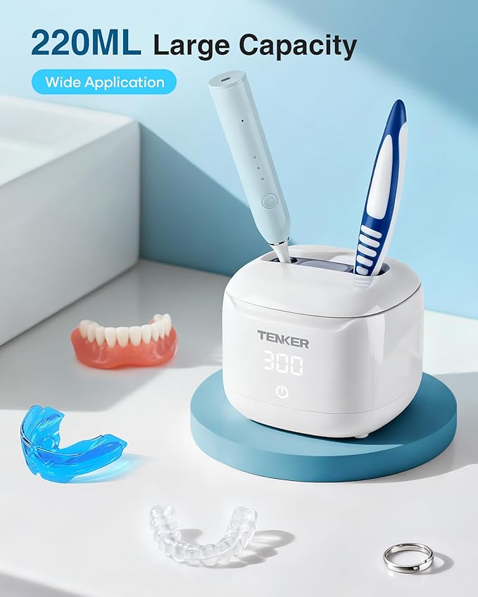Ultrasonic Retainer Cleaner Machine, 49kHz Dental Cleaning Pod for Night Guards, Mouth Guards, Aligner, Braces, Toothbrush, Jewelry, Dentures, Ultrasonic Cleaner for Oral Dental Care, 220ML, White