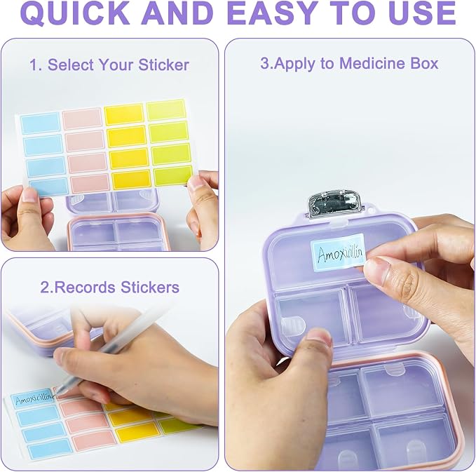 Travel Pill Organizer Box with Labels, 7 Compartments Portable Mini Pill Case, Daily Medication Organizer Storage Pill Container for Pocket Pharmacy(Purple, S)