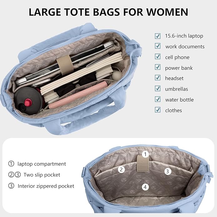Puffer Tote Bag for Women Quilted Nurse Bag Lightweight Work Bag for Teacher Travel Handbag with Multiple Pockets