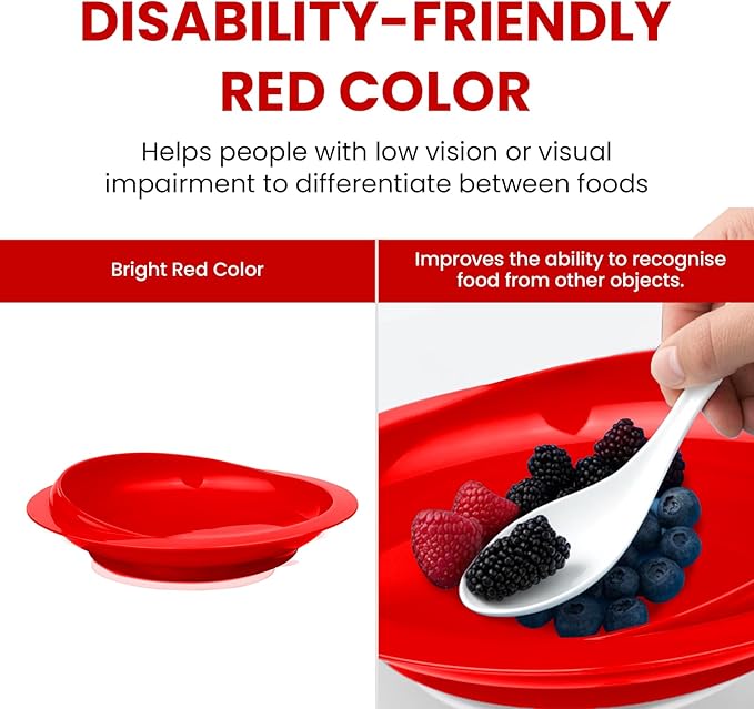 2Pack Spill Proof Scoop Plate with Non-Skid Suction Base, Adaptive Self-Feeding Dinnerware for Elderly and Disabled(Red)