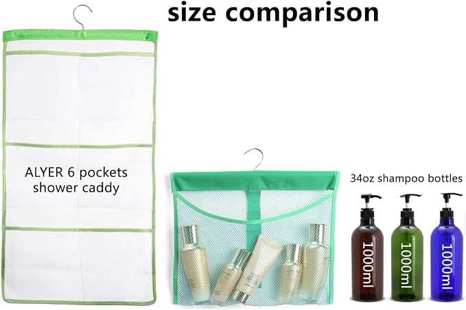 ALYER Hanging Mesh Shower Pockets for 34oz/1000ml Shampoo and Conditioner,Colorful Bath Toy organizer,Hanging Tandem Type Closet Accessories Storage Bag,Gray